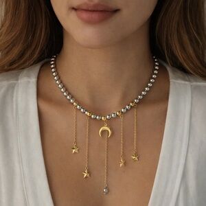 Celestial Star & Moon Beaded Necklace | 18K Gold Plated Stainless Steel